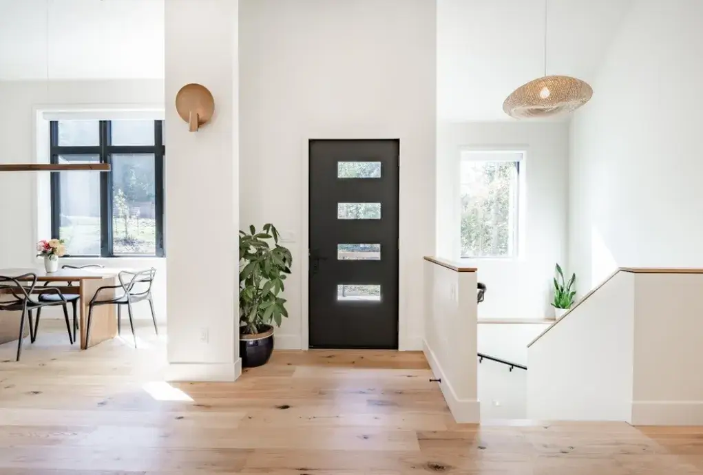 Modern home entrance with indoor plants and natural lighting