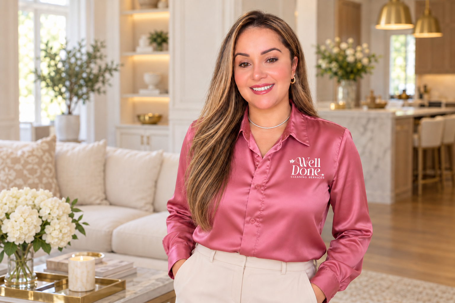 Well Done Cleaning Services representative wearing a pink blouse with the company logo in an elegant home.
