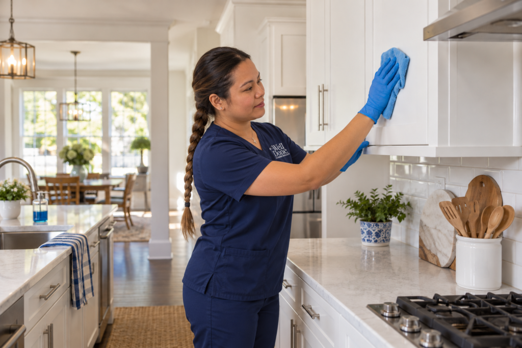 Well Done cleaning professional wiping white kitchen cabinets with a microfiber cloth.